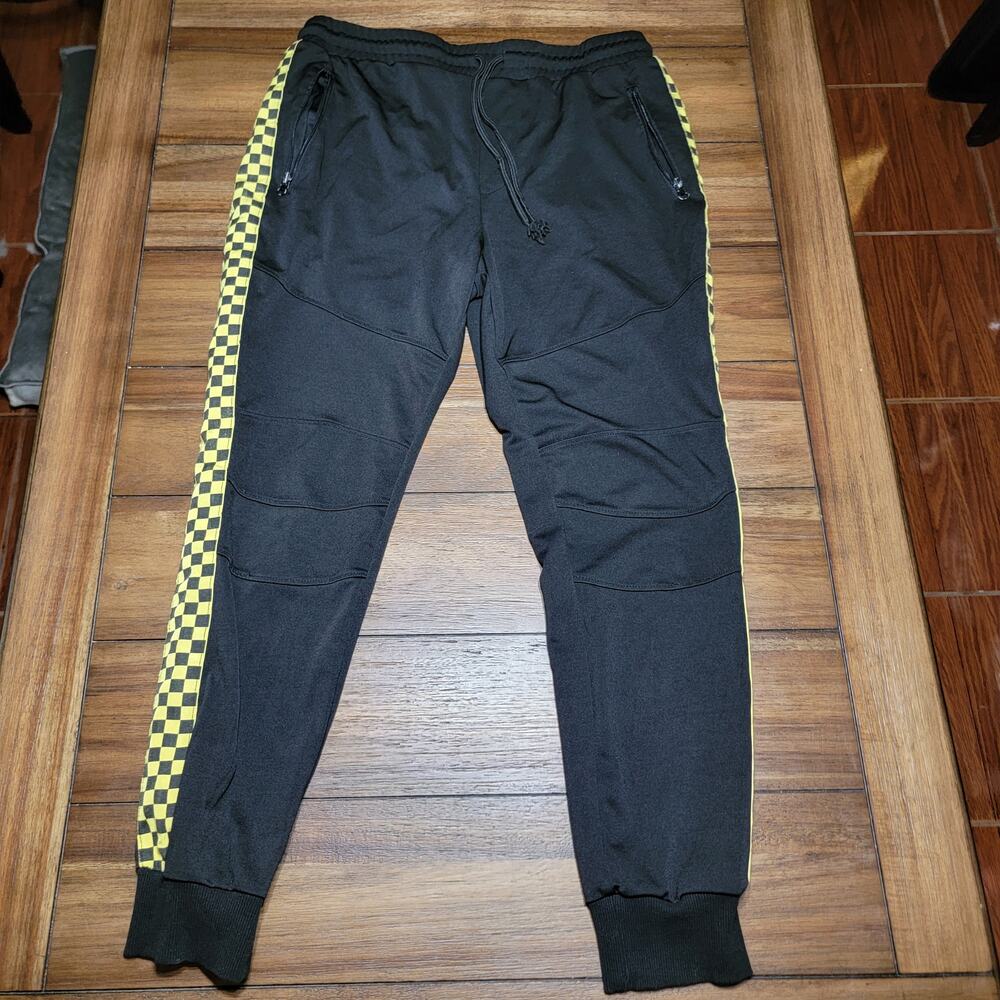 Forever 21 Black Joggers w/ Yellow Checker Stripes & Zipper Pockets - Size XL